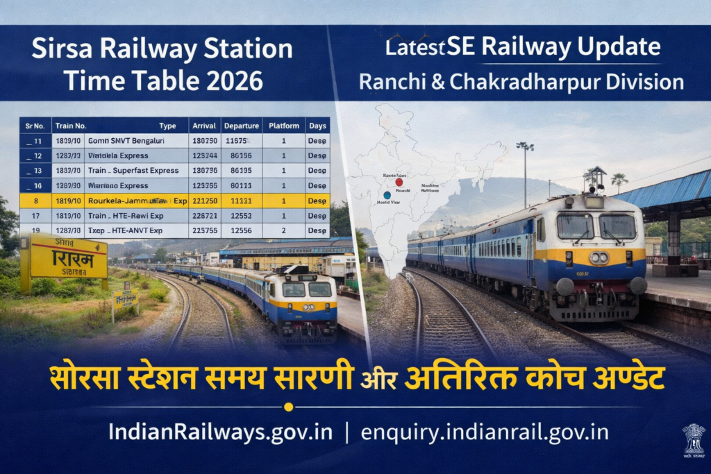 Sirsa Railway Station Time Table 2026 हिंदी में देखें। सभी पैसेंजर, एक्सप्रेस व सुपरफास्ट ट्रेनों का टाइम टेबल, प्लेटफॉर्म डिटेल्स और SE Railway की अतिरिक्त कोच अपडेट।