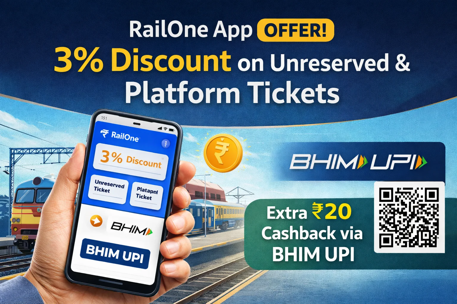 RailOne App Offer: 3% Discount on Unreserved & Platform Tickets via BHIM UPI
